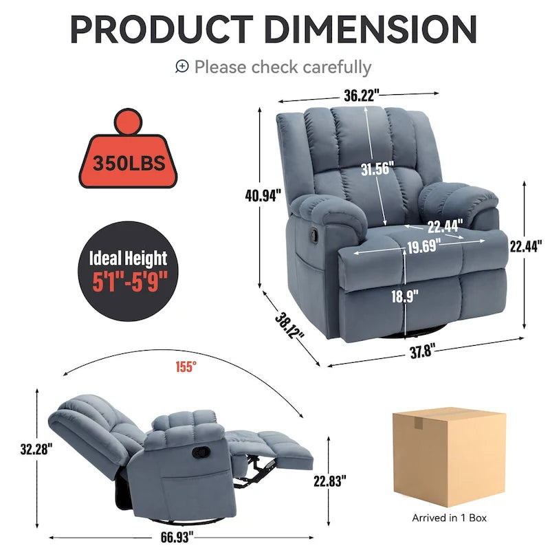 Manual Recliner Chair with Rocker and Swivel in Fabric for Living Room, Blue