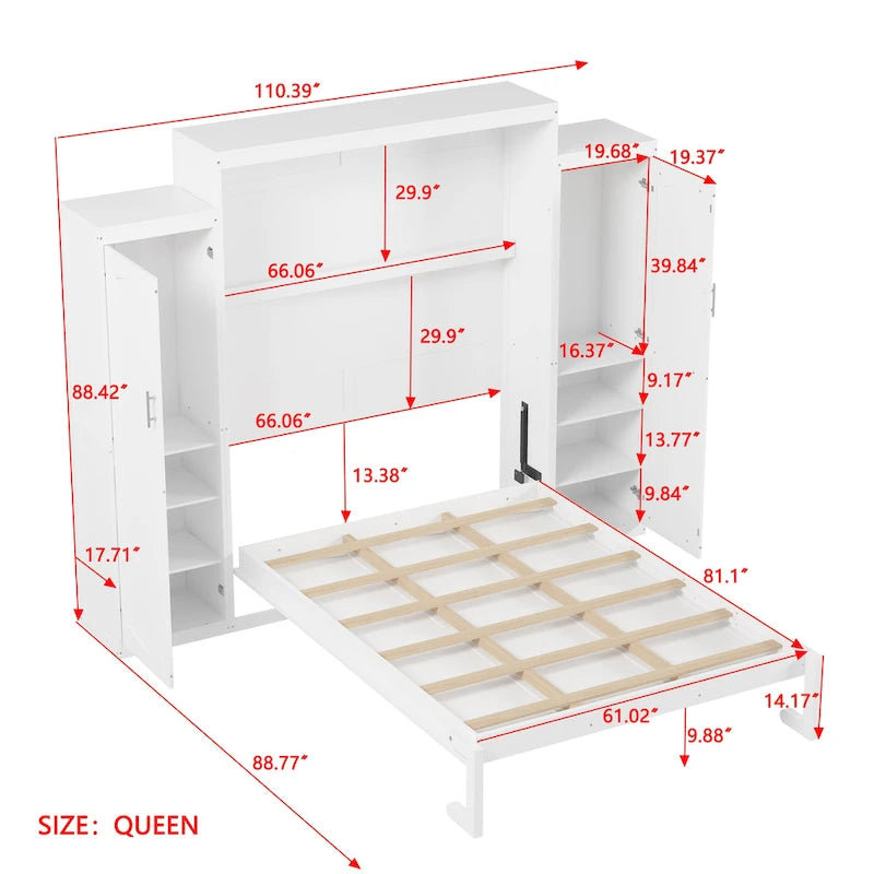 Queen Size Murphy Bed with Two Wardrobe and Storage Shelf