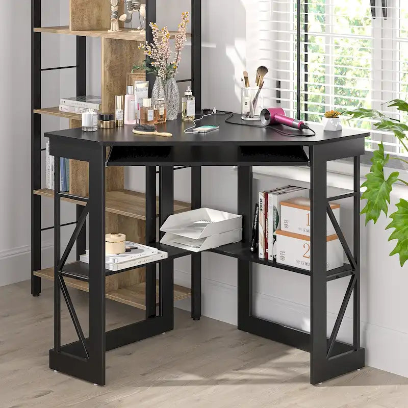 Corner Desk Small Desk with Outlets Corner Table for Small Space, Computer Desk with USB Ports Triangle Desk with Storage