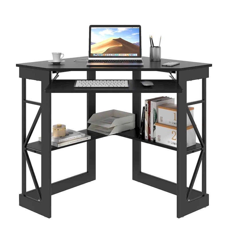 Eckschreibtisch, kleiner Schreibtisch mit Steckdosen, Ecktisch für kleine Räume, Computertisch mit USB-Anschlüssen, dreieckiger Schreibtisch mit Stauraum