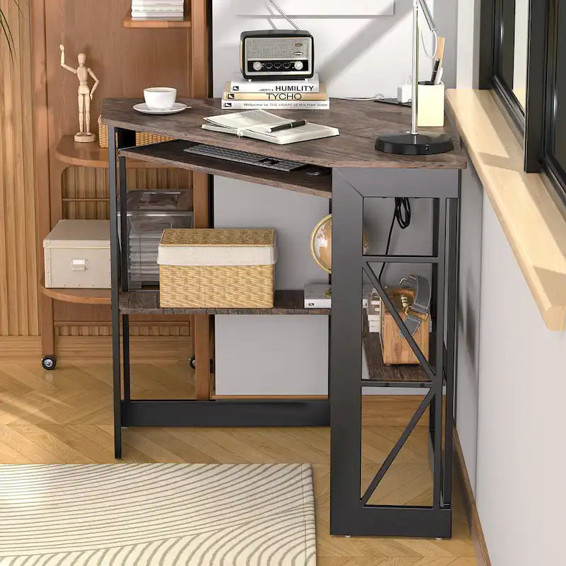 Corner Desk Small Desk with Outlets Corner Table for Small Space, Computer Desk with USB Ports Triangle Desk with Storage