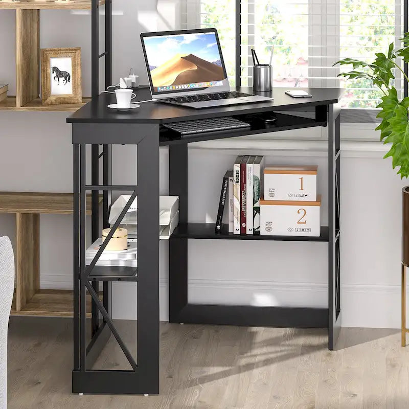 Eckschreibtisch, kleiner Schreibtisch mit Steckdosen, Ecktisch für kleine Räume, Computertisch mit USB-Anschlüssen, dreieckiger Schreibtisch mit Stauraum
