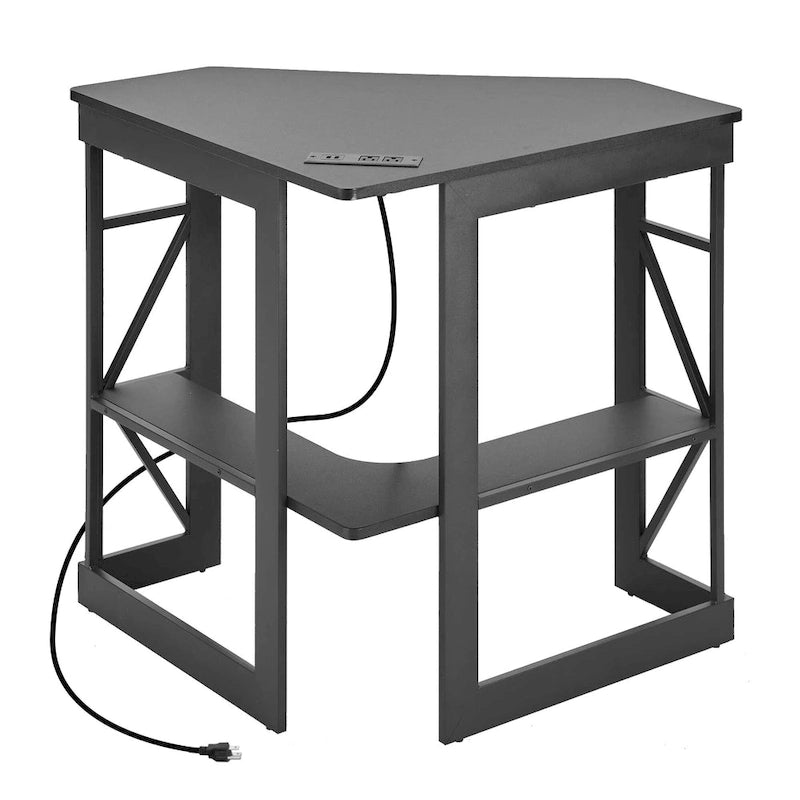 Eckschreibtisch, kleiner Schreibtisch mit Steckdosen, Ecktisch für kleine Räume, Computertisch mit USB-Anschlüssen, dreieckiger Schreibtisch mit Stauraum