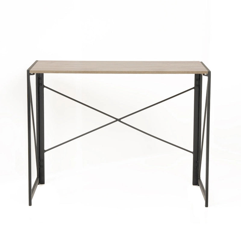 Scrivania senza attrezzi per il montaggio, con gambe in metallo e piano laminato effetto rovere