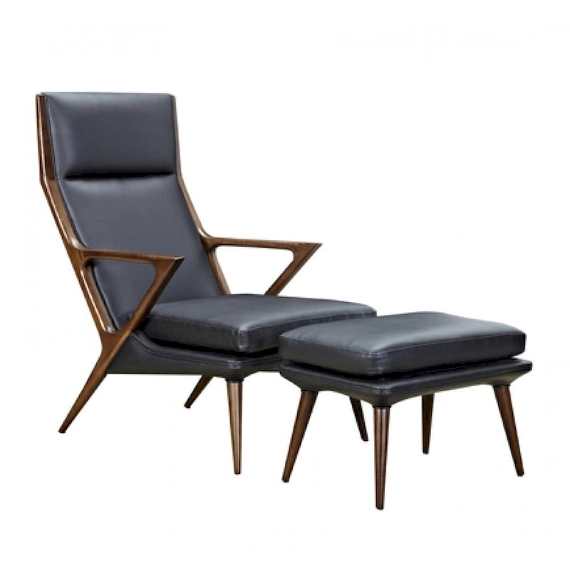 Modern Black Lounge Chair & Ottoman - Leatherette with Walnut Ash Wood