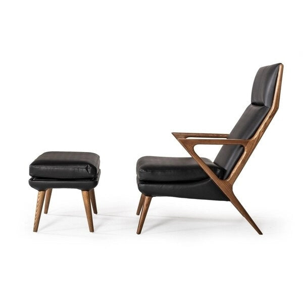 Modern Black Lounge Chair & Ottoman - Leatherette with Walnut Ash Wood