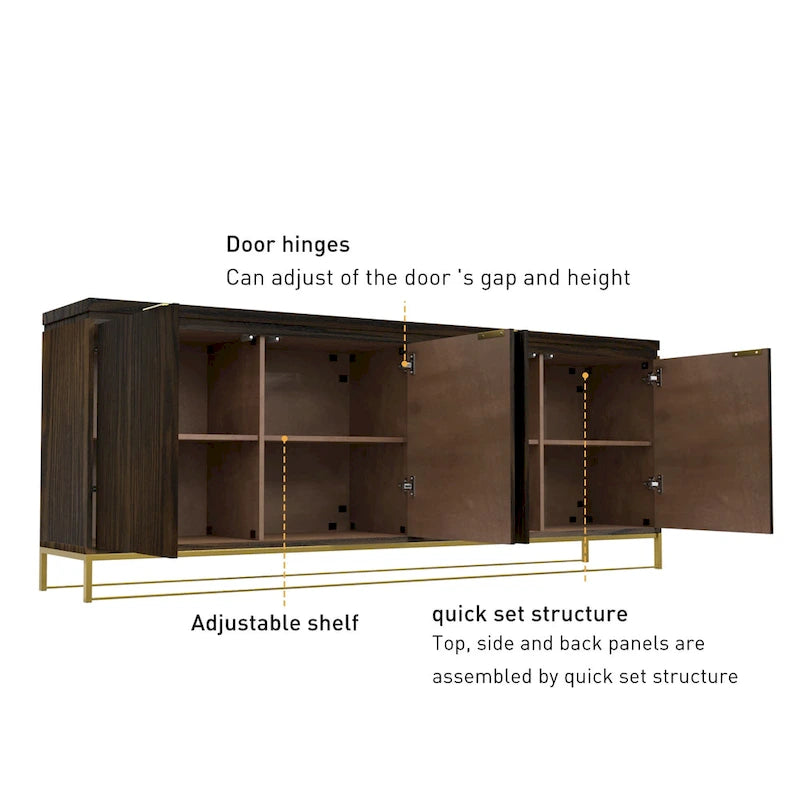 Wood Grain 4-Door Accent Cabinet with Gold Legs