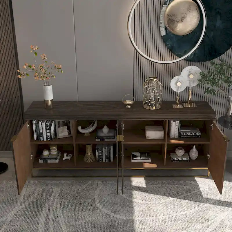 Wood Grain 4-Door Accent Cabinet with Gold Legs