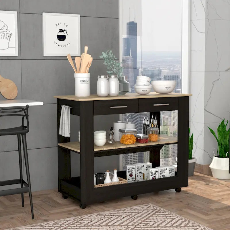 46-Inch Kitchen Island with 2 Drawers and Locking Casters