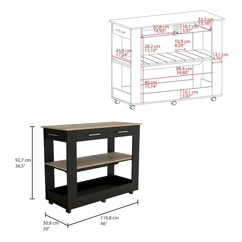 46-Inch Kitchen Island with 2 Drawers and Locking Casters