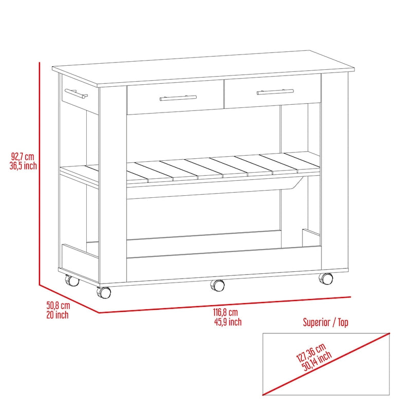 46-Inch Kitchen Island with 2 Drawers and Locking Casters