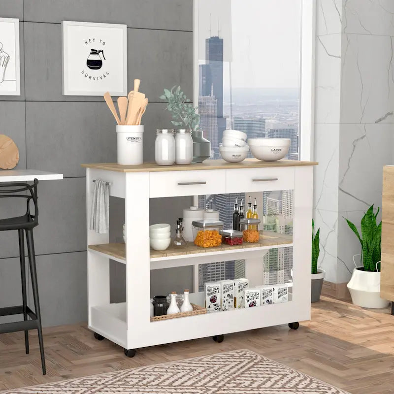 46-Inch Kitchen Island with 2 Drawers and Locking Casters