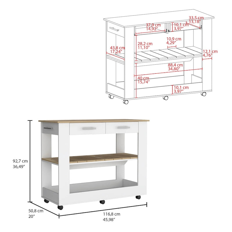 46-Inch Kitchen Island with 2 Drawers and Locking Casters