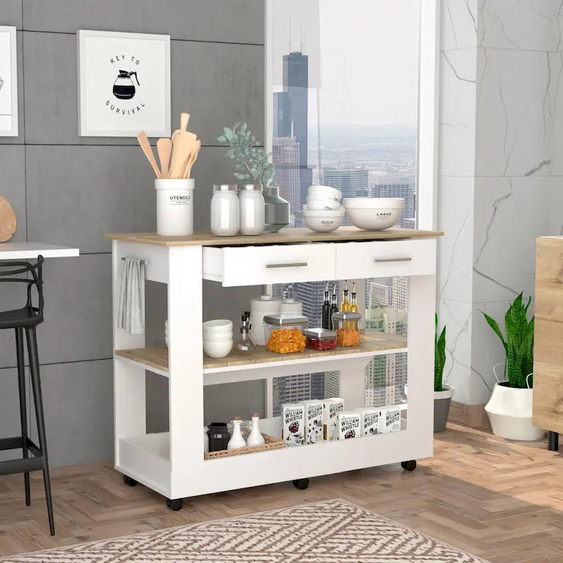 46-Inch Kitchen Island with 2 Drawers and Locking Casters