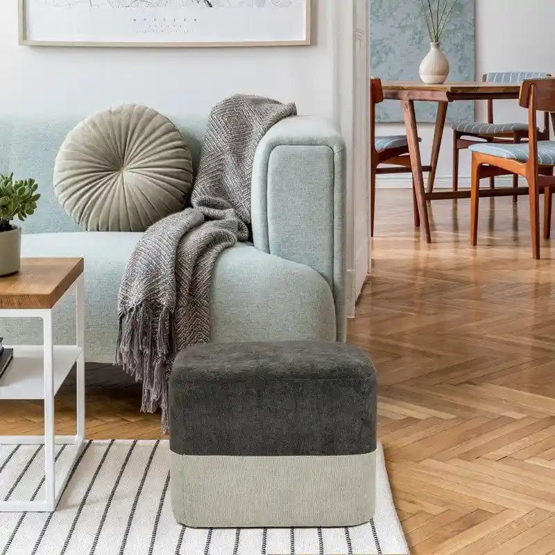 Pouf ottoman carré en tissu avec surpiqûres bicolores