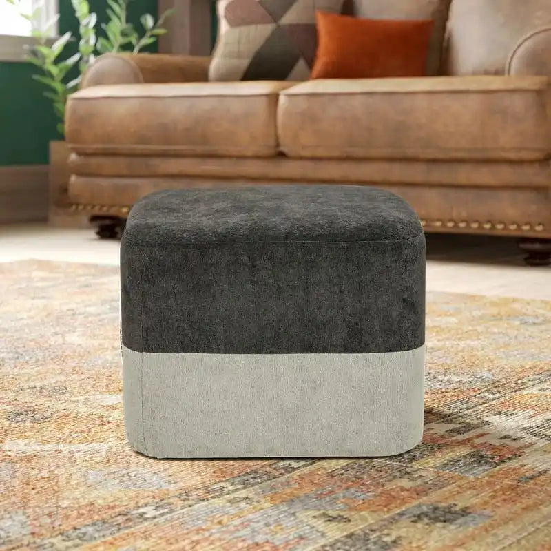 Pouf ottoman carré en tissu avec surpiqûres bicolores