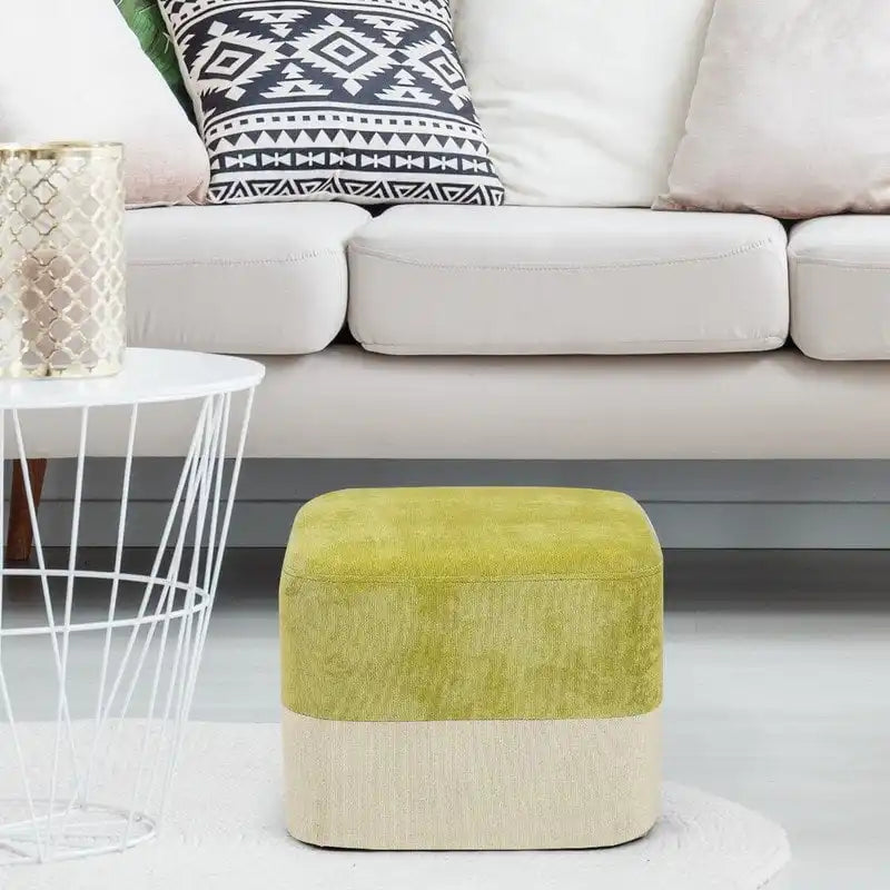 Pouf ottoman carré en tissu avec surpiqûres bicolores