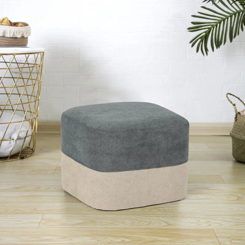 Pouf ottoman carré en tissu avec surpiqûres bicolores