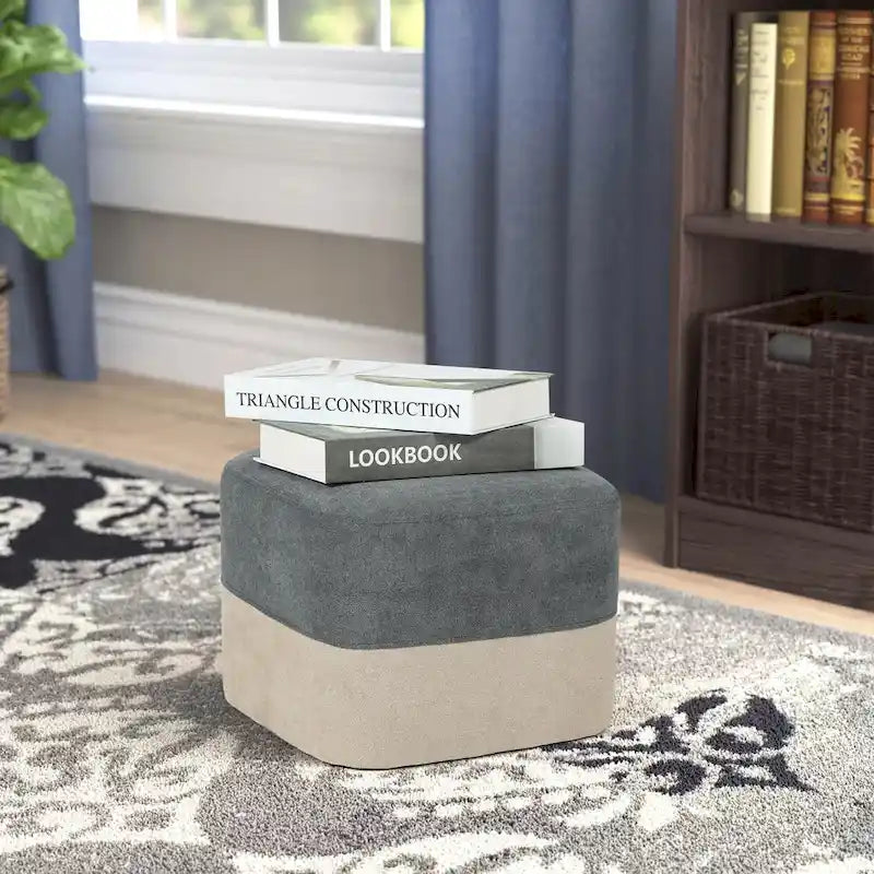 Pouf ottoman carré en tissu avec surpiqûres bicolores