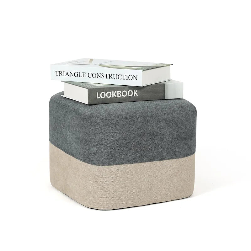 Pouf ottoman carré en tissu avec surpiqûres bicolores