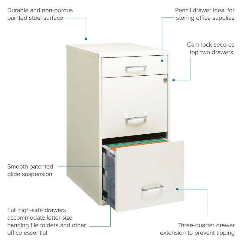 18" Deep 3-Drawer Organizer File Cabinet - Off-White