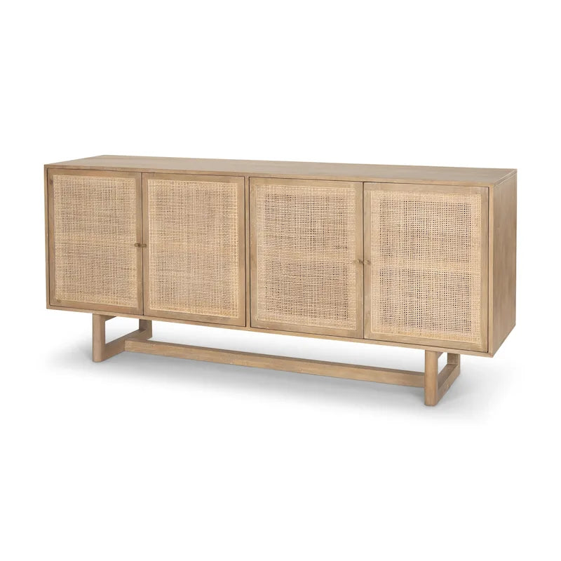72" Solid Mango Wood 4-Door Sideboard with Cane Front