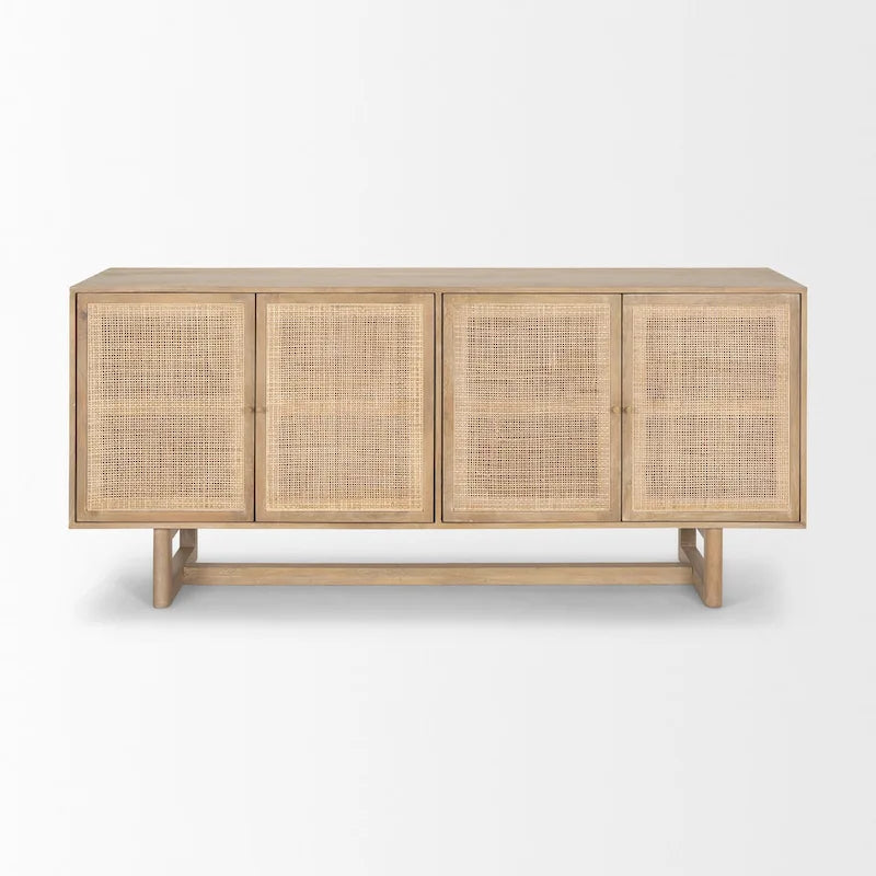 72" Solid Mango Wood 4-Door Sideboard with Cane Front
