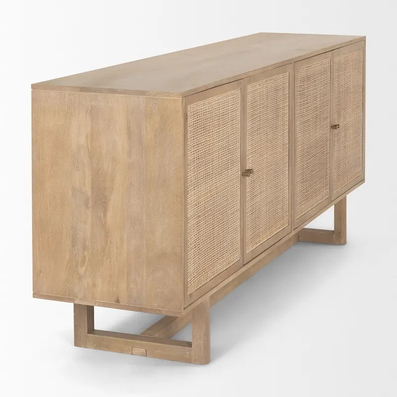 72" Solid Mango Wood 4-Door Sideboard with Cane Front