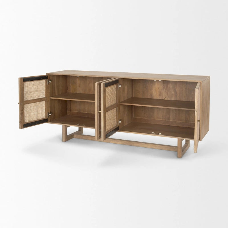 72" Solid Mango Wood 4-Door Sideboard with Cane Front