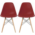 Lot de 2 chaises de salle à manger modernes du milieu du siècle, siège coque en plastique sans accoudoirs et piètement Eiffel en bois naturel, rouge