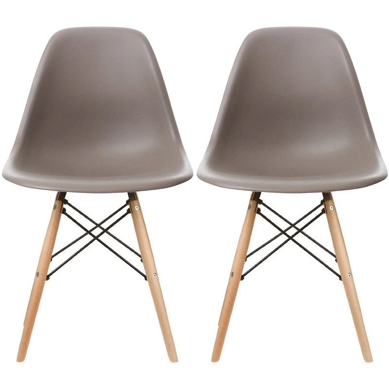 Set of 2 Mid-Century Modern Dining Chairs Armless Plastic Shell Seat with Natural Wooden Eiffel Leg Base, Red