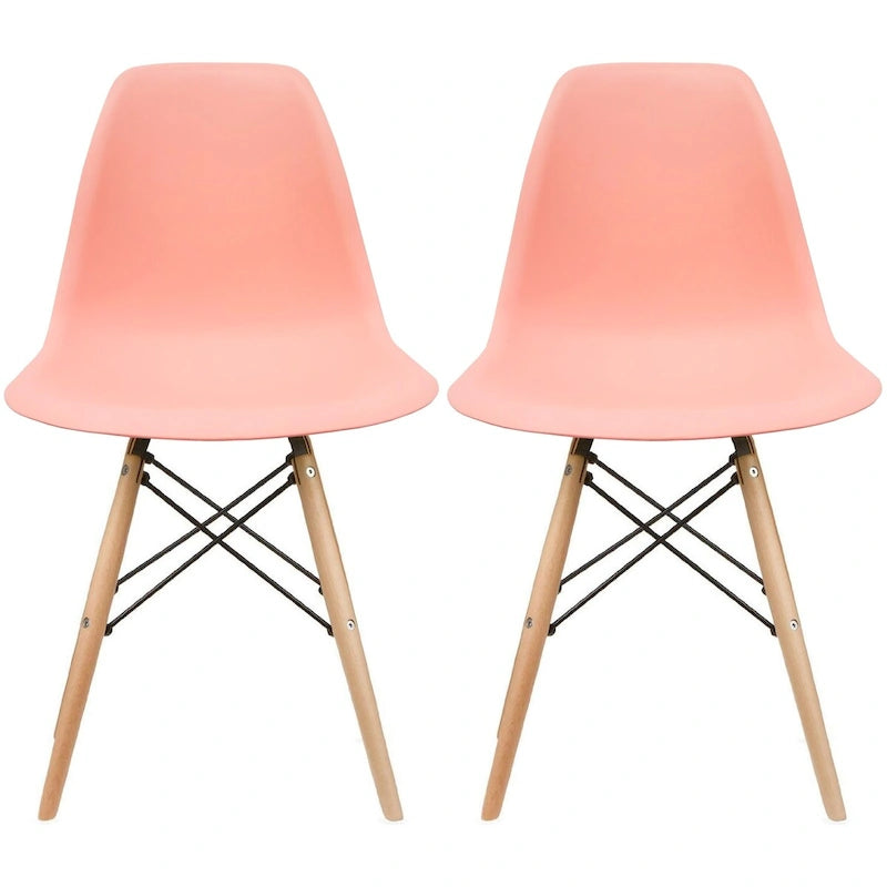 Set of 2 Mid-Century Modern Dining Chairs Armless Plastic Shell Seat with Natural Wooden Eiffel Leg Base, Red