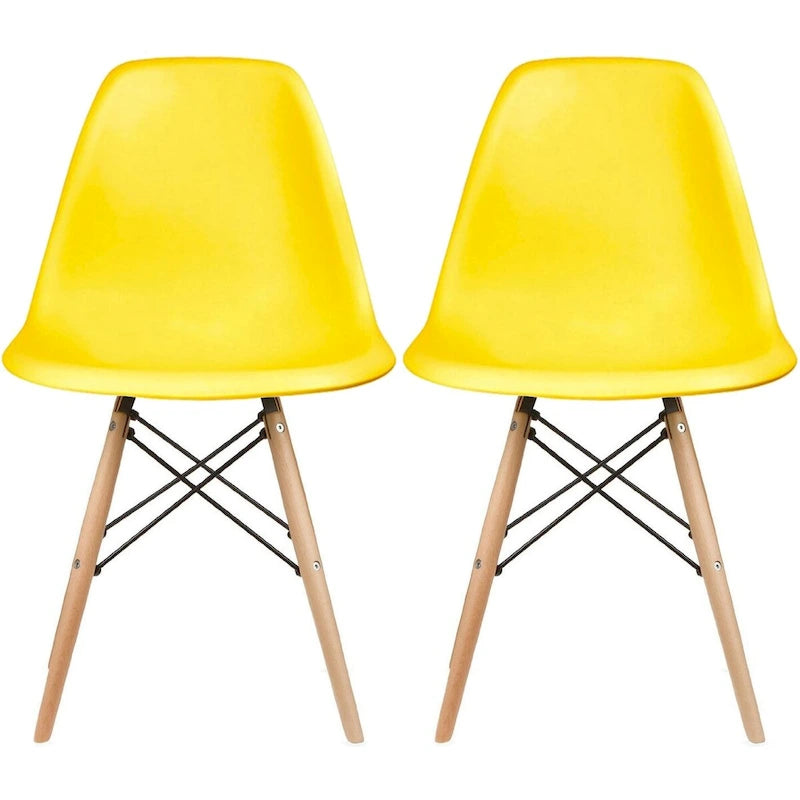 Set of 2 Mid-Century Modern Dining Chairs Armless Plastic Shell Seat with Natural Wooden Eiffel Leg Base, Red