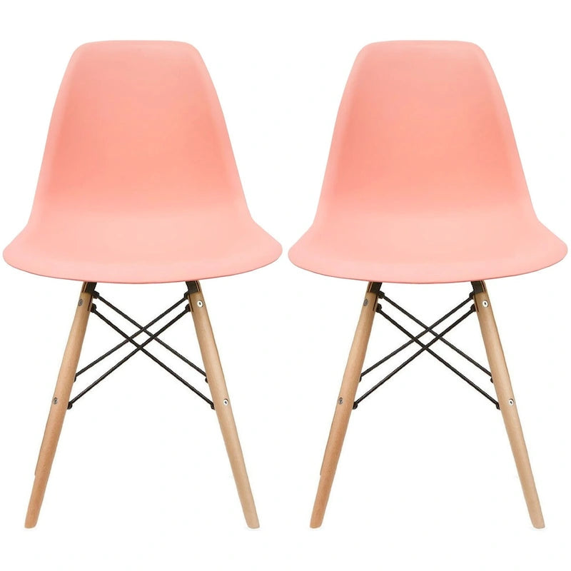 Lot de 2 chaises de salle à manger modernes du milieu du siècle, siège coque en plastique sans accoudoirs et piètement Eiffel en bois naturel, rouge