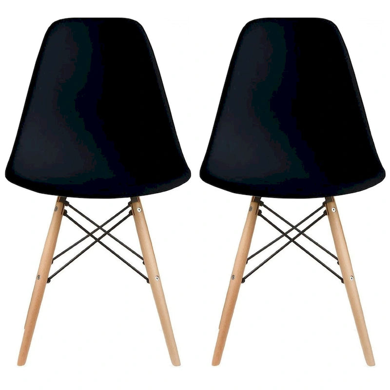 Lot de 2 chaises de salle à manger modernes du milieu du siècle, siège coque en plastique sans accoudoirs et piètement Eiffel en bois naturel, rouge