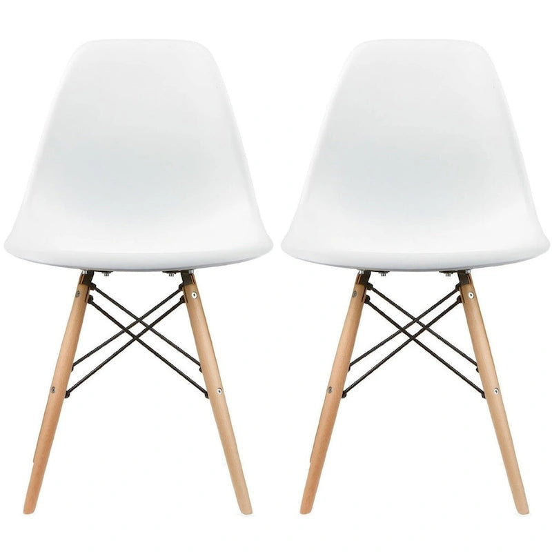Lot de 2 chaises de salle à manger modernes du milieu du siècle, siège coque en plastique sans accoudoirs et piètement Eiffel en bois naturel, rouge