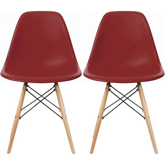 Lot de 2 chaises de salle à manger modernes du milieu du siècle, siège coque en plastique sans accoudoirs et piètement Eiffel en bois naturel, rouge