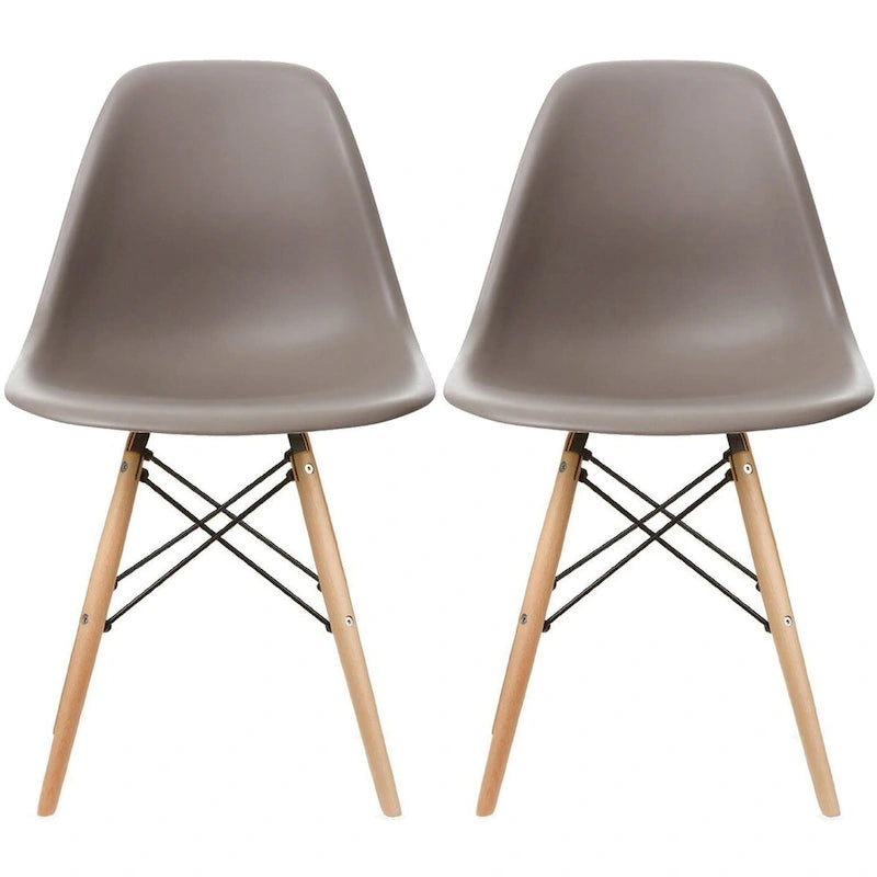 Lot de 2 chaises de salle à manger modernes du milieu du siècle, siège coque en plastique sans accoudoirs et piètement Eiffel en bois naturel, rouge