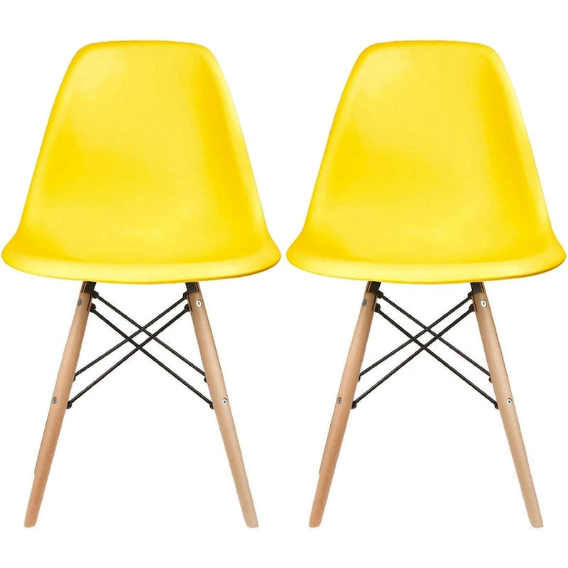 Lot de 2 chaises de salle à manger modernes du milieu du siècle, siège coque en plastique sans accoudoirs et piètement Eiffel en bois naturel, rouge