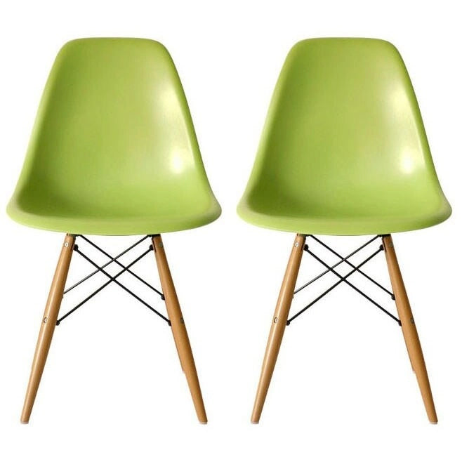 Lot de 2 chaises de salle à manger modernes du milieu du siècle, siège coque en plastique sans accoudoirs et piètement Eiffel en bois naturel, rouge