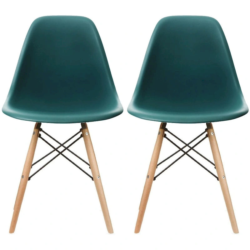 Lot de 2 chaises de salle à manger modernes du milieu du siècle, siège coque en plastique sans accoudoirs et piètement Eiffel en bois naturel, rouge