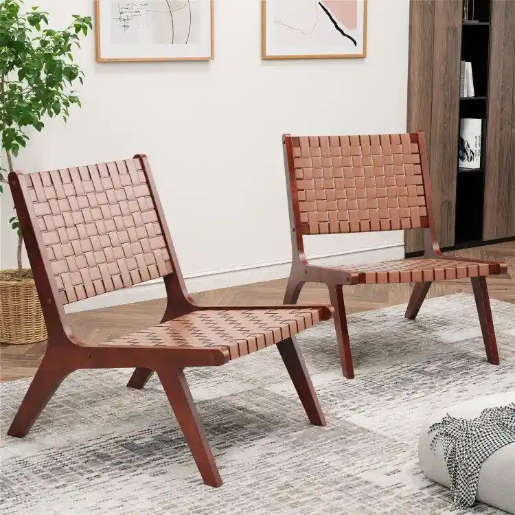 Poltrone d'accento in pelle intrecciata con struttura in legno
