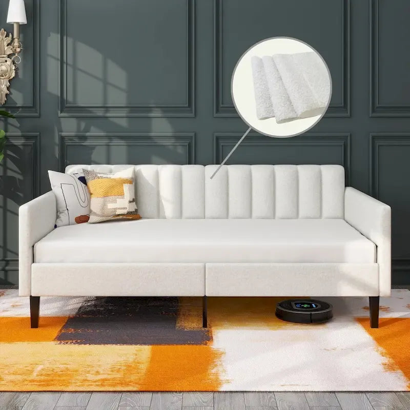 Twin Size Ivory Boucle Upholstered Daybed with Ribbed Tufted Backrest