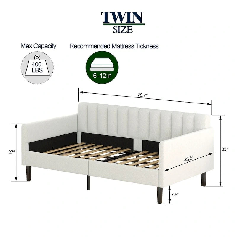 Twin Size Ivory Boucle Upholstered Daybed with Ribbed Tufted Backrest
