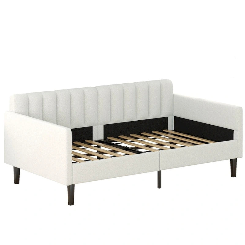 Twin Size Ivory Boucle Upholstered Daybed with Ribbed Tufted Backrest