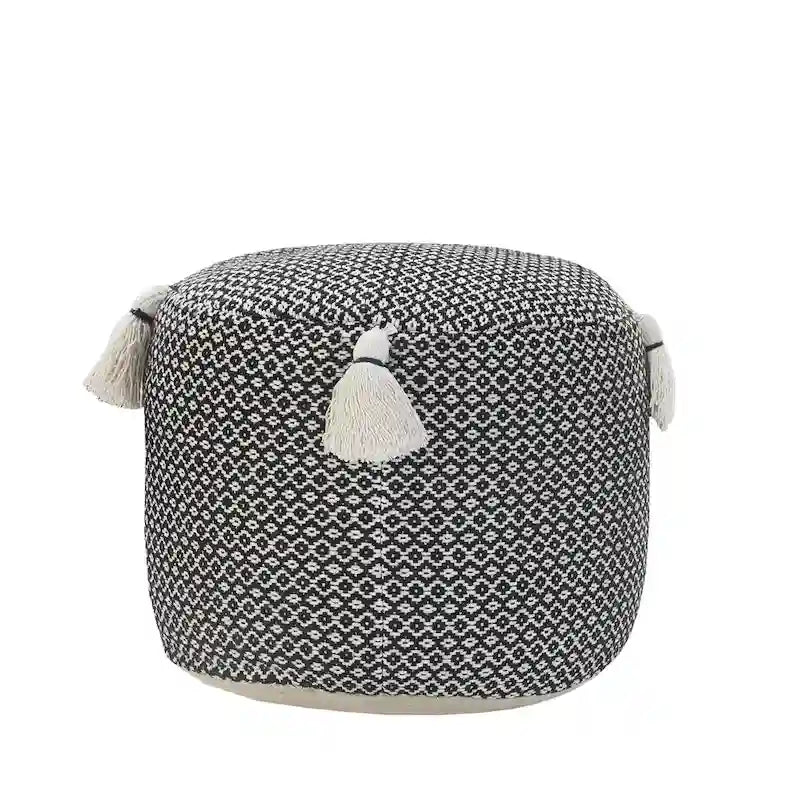 18-Inch Black Cotton Cylinder Geometric Pouf Ottoman