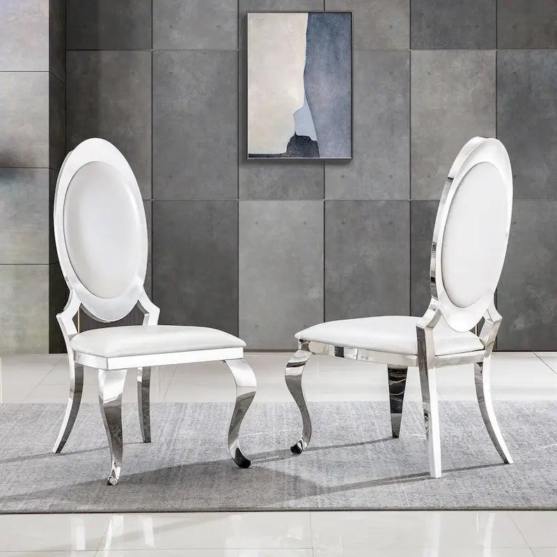 Chaises de salle à manger de luxe en similicuir blanc avec pieds cabriole argentés effet miroir