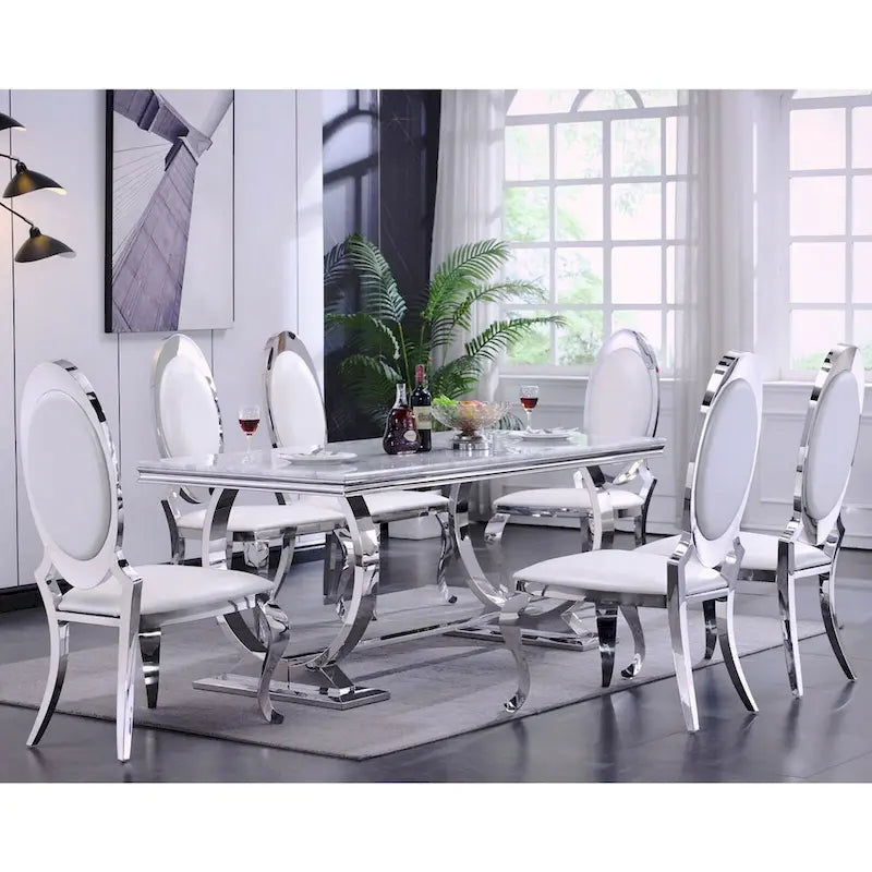 Chaises de salle à manger de luxe en similicuir blanc avec pieds cabriole argentés effet miroir