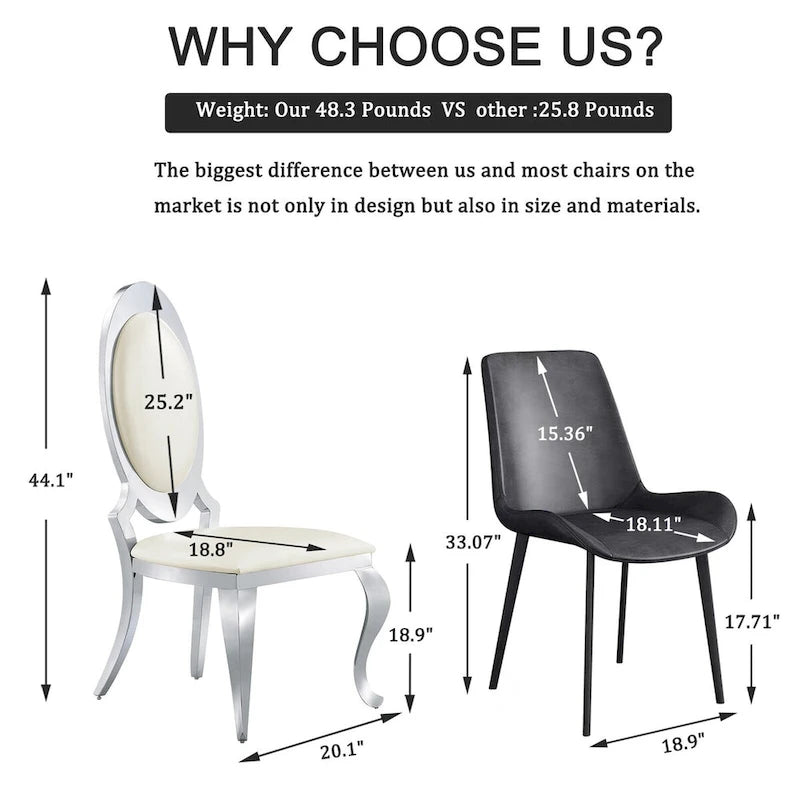 Chaises de salle à manger de luxe en similicuir blanc avec pieds cabriole argentés effet miroir