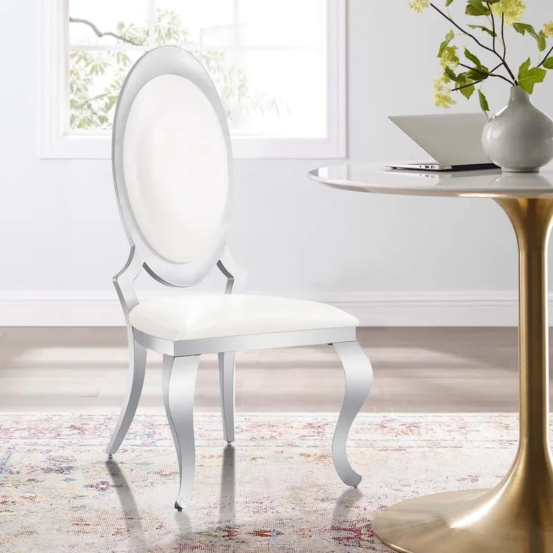 Chaises de salle à manger de luxe en similicuir blanc avec pieds cabriole argentés effet miroir